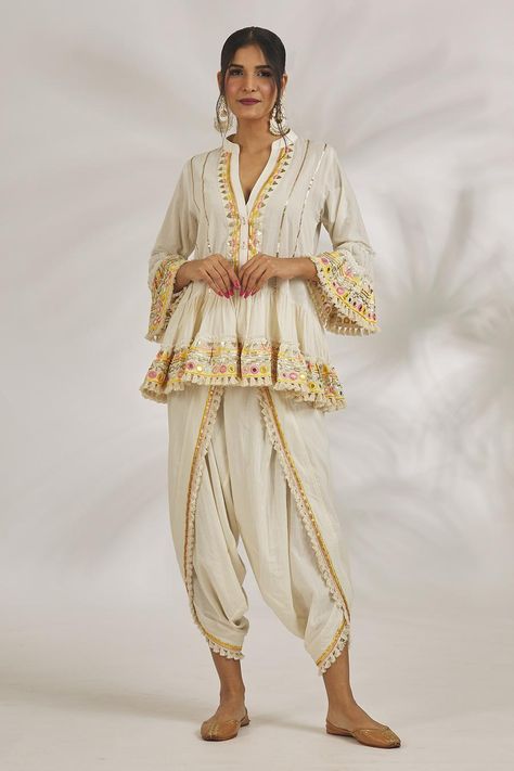 Buy Gopi Vaid Ivory Organic Cotton Yara Sequin And Thread Embroidered Kurta With Dhoti Pant Online | Aza Fashions Dhoti Style Dresses, Dhoti Salwar Suits, Kurta With Dhoti, Short Kurti Designs, Gopi Vaid, Mirror Sequin, Trendy Outfits Indian, Kurta Patterns, Mirror Embroidery