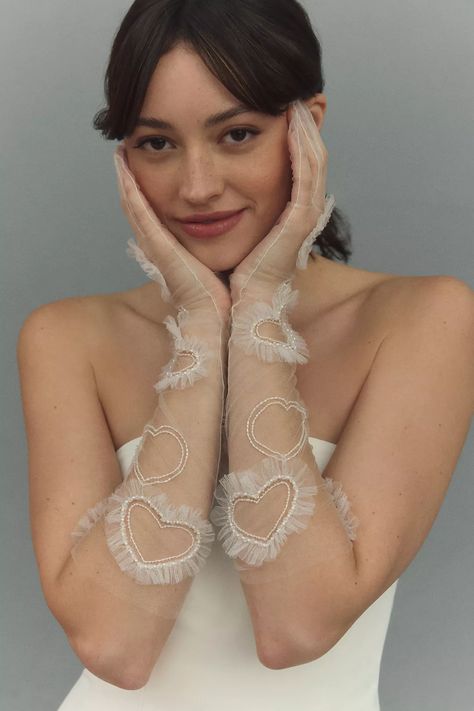 Enaura Beaded Ruffle Tulle Heart Gloves | Anthropologie Unique Wedding Accessories Brides, Wedding Lace Gloves, White Valentines Aesthetic, Unique Bridal Accessories, Ethereal Accessories, Heart Gloves, Romantic Accessories, Valentine Aesthetic, Bridal Themes