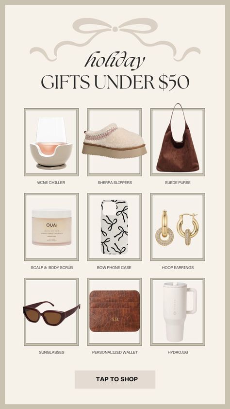 The holiday season is officially here which means I’ve rounded up some gift ideas for everyone on your list! This gift guide is a round up of holiday gifts under $50. Tap to shop! Christmas Gifts For Her Under 50, Must Have Gifts For Women, Mil Gifts Christmas, Gift Guide Amazon, Gift Ideas Under 50 Dollars Christmas, Christmas Gift Guide For Women, Amazon Gift Guide For Her, $50 Gift Ideas For Women, 50 Dollar Gift Ideas