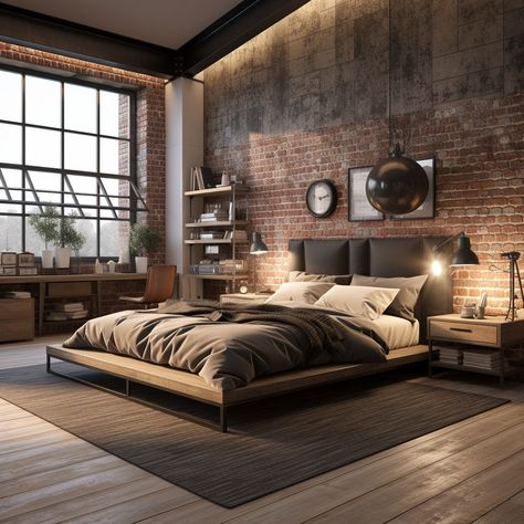 Urban Industrial Bedroom, Industrial Interior Design Bedroom, Modern Industrial Bedroom, Brick Bedroom, Black And Grey Bedroom, Industrial Bedroom Design, Industrial Style Bedroom, Bedroom Design Inspiration, Industrial Bedroom