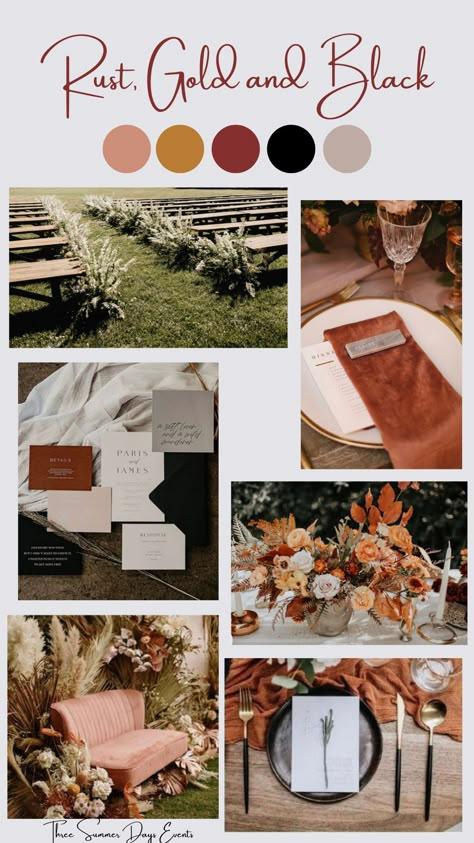 This rust, gold and black wedding color palette is perfect for a late summer, fall bohemian wedding. We love that it can fit for a vineyard wedding, industrial loft, and even a beach wedding. This versatile color palette is perfect for the couple looking for a unique and fun wedding color palette. Fall Wedding Color Palette Rust, Fall Earthy Wedding Color Schemes, Black Ivory And Rust Wedding, Winter Wedding Rust Color, Black Rust And Gold Wedding, Black And Gold Wedding Color Palette, Bronze Wedding Color Palette, Wedding Colour Schemes Terracotta, Black And Gold Color Palette Wedding