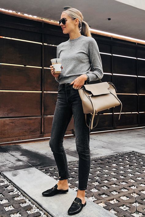 Fashion Jackson Wearing Everlane Grey Cashmere Shunken Sweater Black Jeans Black Gucci Mules Celine Mini Belt Bag Mules Outfit, Loafers Outfit, Mode Tips, Fashion Jackson, Mode Casual, Looks Street Style, 가을 패션, Gucci Mules, Work Attire