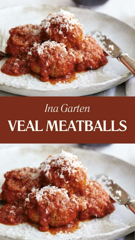 Ina Garten Veal Meatballs Ground Veal Meatballs, Ground Veal Recipes, Veal Meatballs Recipe, Veal Parmesan Recipe, Hamburger Meatballs, Ground Veal, Sausage Italian, Veal Parmesan, Veal Meatballs