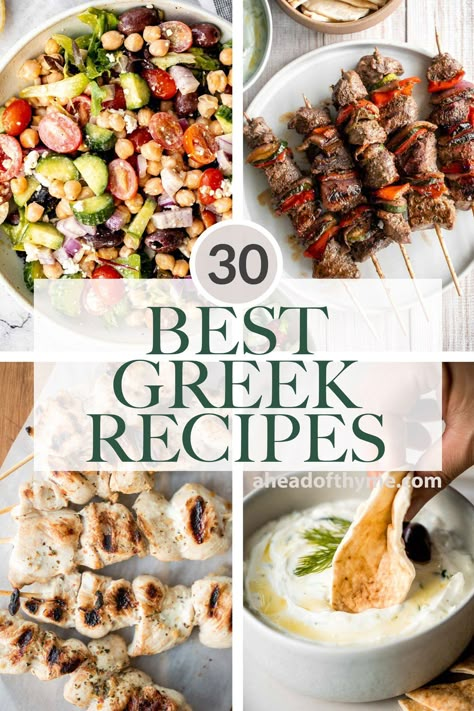 When it comes to delicious, healthy, light meals, Greek food might be on the top of the list. Made with fresh Mediterranean flavors like lemon, garlic, and olive oil, Greek cuisine never disappoints. Whether you are craving some grilled souvlaki skewers, fresh vibrant Greek salad, or homemade tzatiziki sauce, we are sharing over 30 popular best Greek recipes including salads, grilled skewers, chicken, beef, vegetables, pita bread, and more! | aheadofthyme.com #greekrecipes #gre via @aheadofthyme Greek Dinner Party, Skewers Chicken, Greek Meals, Greek Recipes Easy, Grilled Skewers, Greek Chicken Souvlaki, Greek Dinner, Greek Party, Mamma Mia Party