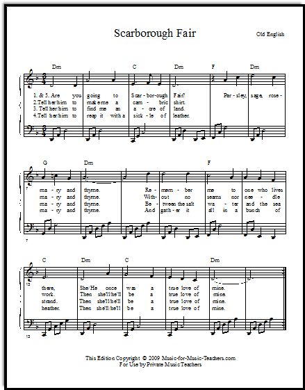 Scarborough Fair for voice - give this easy piano accompaniment and lyrics to your vocal students, FREE Easy Sheet Music, Scarborough Fair, Easy Listening Music, Harps Music, Sheet Music Pdf, Blues Piano, Music Tabs, Ukulele Music, Flute Music