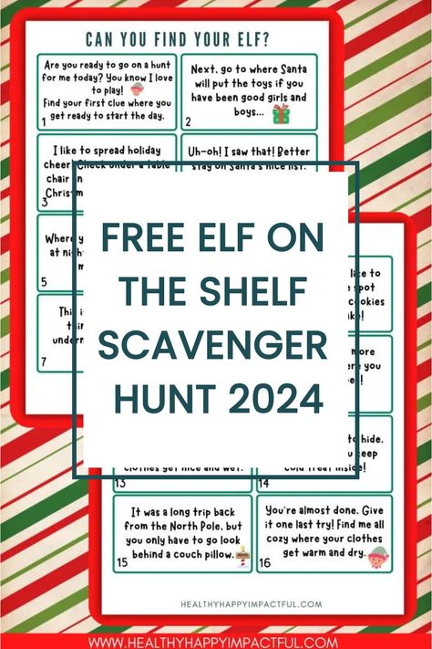 Free Elf on the Shelf Scavenger Hunt 2024 instructions on a festive candy cane stripe background. Scavenger Hunt To Find Elf On The Shelf, Riddles From Elf On The Shelf, Elf On The Shelf Treasure Hunt Clues, Elf On The Shelf Hide And Seek Riddles, Disney Scavenger Hunt At Home, Elf On The Shelf Treasure Hunt Ideas, Scavenger Hunt Elf On Shelf, Elf On The Shelf Clue Hunt, Elf Scavenger Hunt Ideas