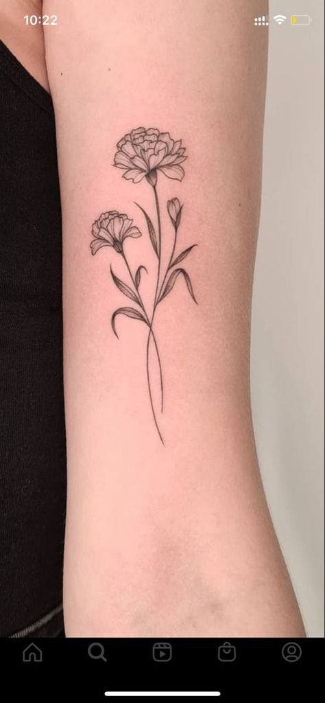 Cute Marigold Tattoo, Marigold And Snowdrop Tattoo, Birth Flower Tattoos Carnation, Carnation Flower Stencil, Marigold Fineline Tattoo, Carnation Line Art Tattoo, Carnation Chrysanthemum Tattoo, Fineline Marigold Tattoo, Small Carnation Flower Tattoo