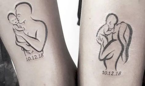 Matching Parent Tattoos, Meaningful Family Tattoos, Badass Tattoo Ideas, Newborn Tattoo, Spouse Tattoos, Good Family Tattoo, Tattoo For My Son, Mom Baby Tattoo, Matching Family Tattoos