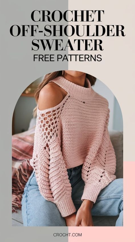 Find free crochet patterns for off-shoulder sweaters to create a versatile and unique piece. Great for showcasing your style! Off The Shoulder Crochet Sweater Pattern, Plus Size Crochet Sweater Patterns Free, Crochet Sweater Pattern Free Women, Crochet Sweater Outfit, Oversize Sweater Pattern, Crochet Elf Hat, Black Crochet Sweater, Crochet Sweater Design, Crochet Sweater Dress