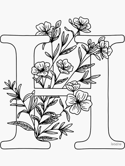 "H - Monogram Floral Botanical" Sticker by leoshe | Redbubble Letter H Design, Peony Drawing, Floral Monogram Letter, Road Logo, H Monogram, Floral Words, Alphabet Embroidery, Monogram Art, Carved Stamps