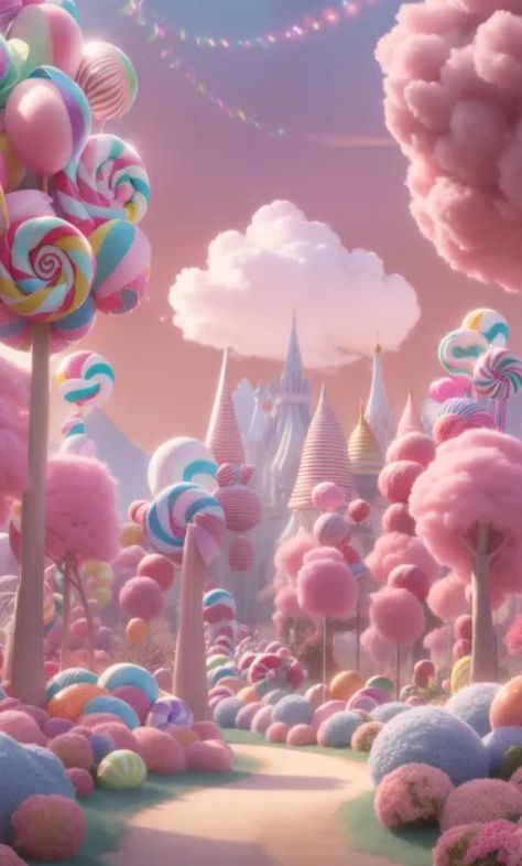 Candy City Drawing, Candy Aesthetic Drawing, Candy Land Illustration, Candy Environment, Kawaii Surrealism, Candyland Wallpaper, Candyland Background, Candy Land Pastel, Fairy Props