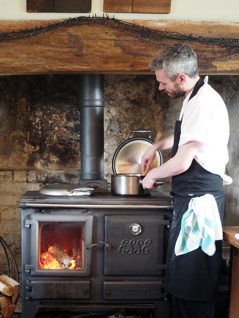 Cooking with the chefs at River Cottage HQ Wood Cook Stove Kitchen, Wood Burning Cook Stove, Cast Iron Oven, Wood Fired Cooking, Kitchen Cooker, Wood Stove Cooking, Wood Stove Fireplace, Devol Kitchens, Wood Heater