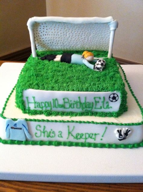 Soccer (Goalie) Birthday Cake (except you're never supposed to go on your back or stomach as a goalie) Sports Cake Ideas, Football Pitch Cake, Soccer Keeper, Liverpool Cake, Soccer Ball Cake, Soccer Birthday Cakes, Football Cakes, Sports Cake, Soccer Ideas