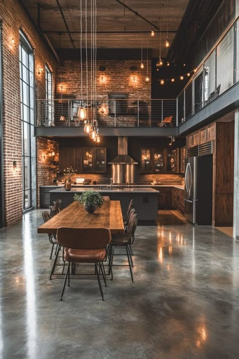 Retro Style Apartment, Industrial Wood Interior Design, Barndominium Apartment, Industrial Farmhouse Kitchen Ideas, Modern Industrial Loft Apartment, Industrial Barndominium, Industrial Tiny House, Industrial Loft Kitchen, Retro Industrial Decor