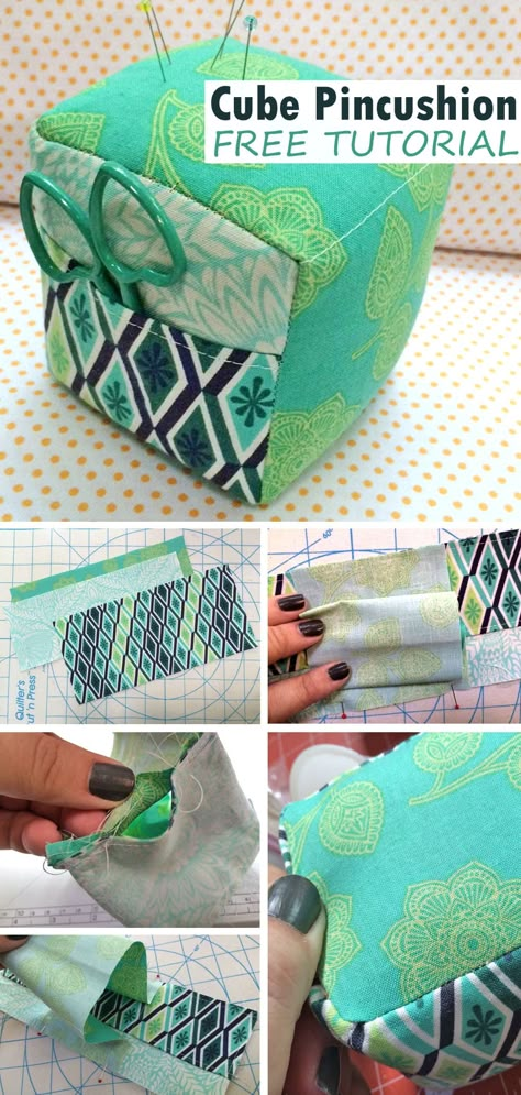 Cubed Pincushion DIY Tutorial Diy Pincushion How To Make, Free Pin Cushion Sewing Pattern, Quick Fabric Crafts, Sewing A Pin Cushion, Pincushions Patterns Free, Free Pincushion Patterns, Chatelaine Diy, Pin Cushions To Make, Sew Pin Cushion