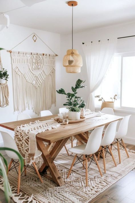 Open Concept Kitchen Dining Living Room Boho, White Kitchen Table Boho, Boho Kitchen Table With Bench, Boho Dinningroom Table, White Dinning Room Table Boho, Sims 4 Cc Boho Dining Room, Modern Boho Dining Room, Boho Dining Table, Dining Table Decor Everyday