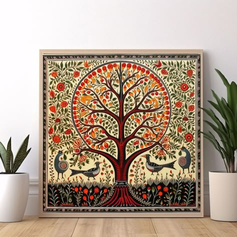 Buy Madhubani Painting Tree of Life Indian Wall Art Print online on Etsy India. Shop for handmade, vintage and unique Digital Prints items from FabrioStudio online on Etsy Madhubani Digital Art, Tree Of Life Madhubani, Madhubani Art Wall Hangings, Traditional Madhubani Art, Canvas At Home, Folk Art Indian, Painting Tree Of Life, Murals For Living Room, Wall Art Indian