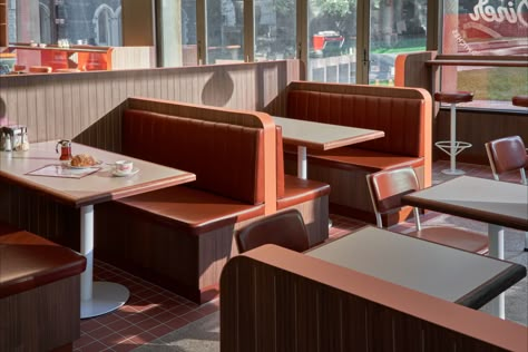 Designed with nostalgia and comfort in mind, the space draws from the imagery of classic American roadside diners. Photography Credit: Peter Clarke Roadside Restaurant, American Nostalgia, Old Diner, Classic American Diner, Low Poly Car, Diner Aesthetic, Foam Sculpture, American Diner, American Classic