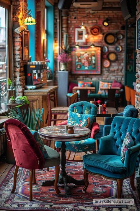 Home Style Restaurant, Tea Shop Interior Design, Cafe Interior Design Ideas, Colourful Cafe, Cozy Pics, Havana Restaurant, Eclectic Cafe, Cozy Cafe Interior, Cafe Corner