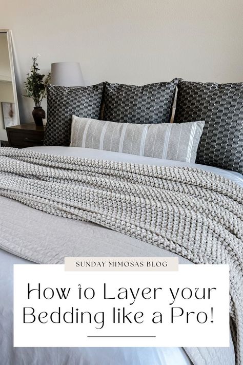 How to layer bedding like a hotel! Step by Step Guide to Creating a Cozy, Luxe and Fluffy bed! In this post, we're sharing how to layer bedding & blankets to get that luxurious and full Pottery Barn bedding look. Learn how to create a cloud-like hotel bed at home on a budget! For our full home bedroom refresh and layering bedding ideas cozy check out our latest post! Using Throws On Beds, Dog Friendly Master Bedding, How To Style A Quilt On Bed, How To Make A Bed Look Luxurious, Plush Bedding Ideas, How To Make A Hotel Bed At Home, Dressing A Bed Ideas, Waffle Blanket Bedding, Layering Blankets On Bed