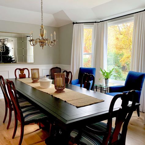 Traditional Dining Room Refresh-Before and After - Classic Casual Home How to Update Your Living Room without starting over.  #WisteriaFrenchPaneledMirror #BambooCandleholders #wainscoting #benjaminmooresilversong #traditional #diningroom #blueandgreen #classiccasualhome Traditional Dining Room Update, Updated Traditional Dining Room, Traditional Dining Room Furniture, Dining Room Decor Traditional, Traditional Dining Room Table, Dining Room Updates, Traditional Dining Tables, Traditional Dining Rooms, Dining Room Paint