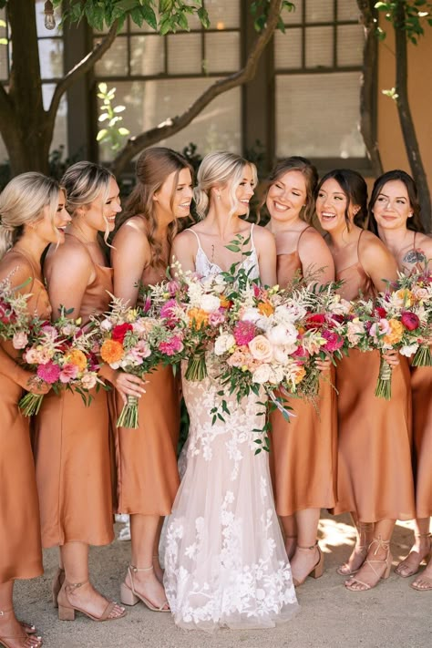 Colorful Flower Wedding Theme, May Colors For Wedding, Champagne And Orange Wedding Colors, Bridesmaid Colors Spring, Dark Peach Bridesmaid Dresses, Orange Wedding Summer, Summer 2025 Wedding, Summer Colors For Wedding, Bridesmaid Dresses Spring Colors