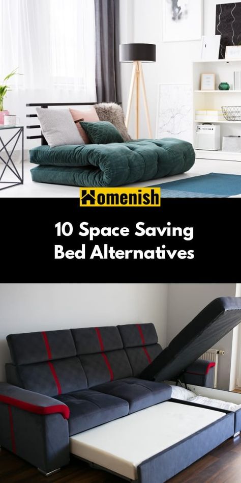 If you live in a small apartment, or your bedroom is so tiny you can hardly fit a bed in it, there are plenty of bed alternatives that are not just comfortable, but they will also save space. Guest Beds Solutions, Alternative Bed Ideas, Small Space Sleeping Solutions, Bed Solutions For Small Rooms, Small Space Beds, Futon Alternative, Bed Alternatives Small Spaces, Guest Bed Ideas Space Saving, Alternative Beds