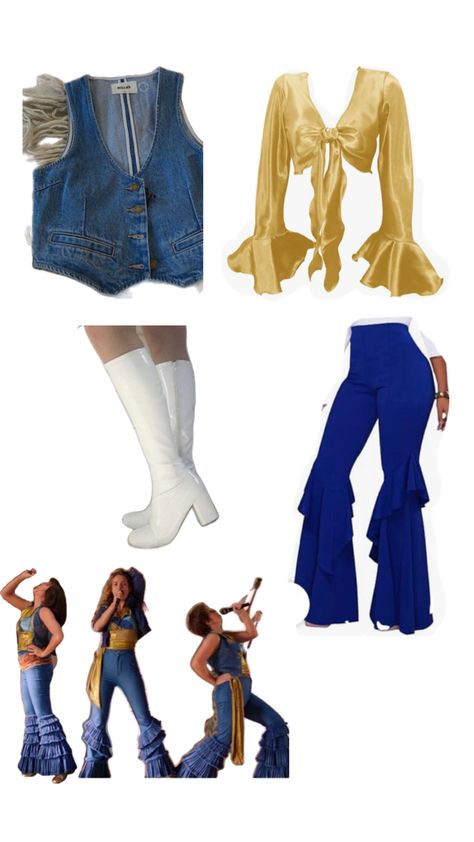 Donna And The Dynamos Costume, Dynamos Costume, Abba Clothes, 70s Party Outfit, Donna And The Dynamos, The Dynamos, Abba Outfits, Abba Costumes, Cute Group Halloween Costumes