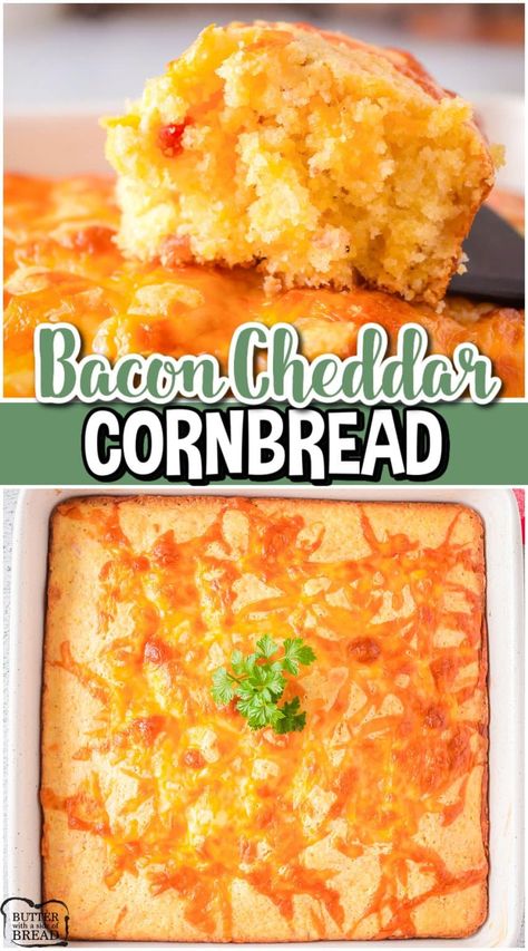 Bacon Cheddar Cornbread, Cornbread Butter, Savory Cornbread Recipe, Cornbread Breakfast, Jiffy Recipes, Cheddar Corn, Bacon Cornbread, Jiffy Cornbread Recipes, Savory Cornbread