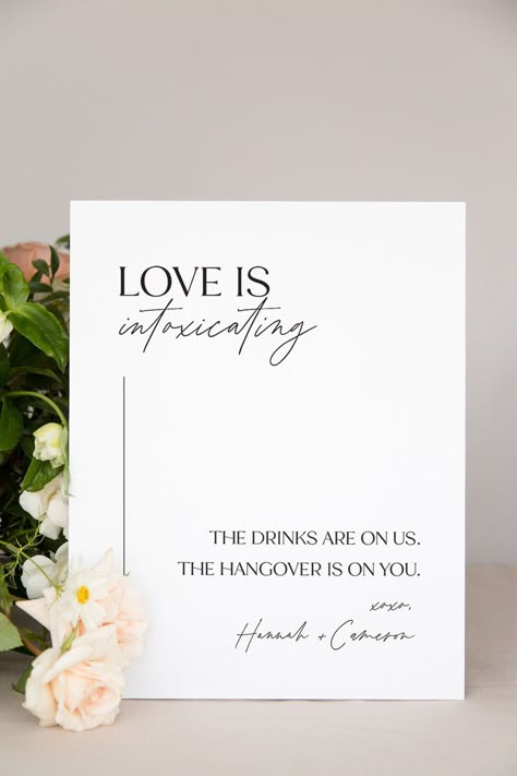 The perfect wedding bar sign to dress up your reception, this chic wedding drink menu will coordinate beautifully with your wedding decor. Crafted with luxe acrylic and professionally printed with your personalized wording, it will introduce a taste of sophistication to your celebration while also serving as a functional piece that guests will love. Self Serve Bar Sign, Love Is Intoxicating Sign Weddings, Drinks On Us Wedding Sign, Wedding Bar Details, Drunk In Love Bar Sign, Unique Small Wedding Ideas, Fun Wedding Ideas Reception, Wedding Bar Decorations, Cocktail Hour Sign