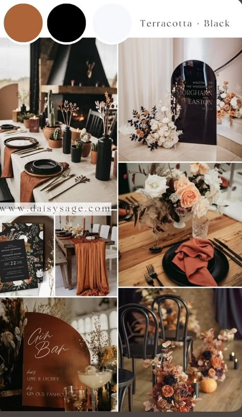 Black Sage And Burnt Orange Wedding, Cooper Wedding Theme, Black And Rust Wedding, September Wedding Colors Schemes, Wood Wedding Theme, Black Rustic Wedding, Terracotta Wedding Color, Black Boho Wedding, Wedding Color Theme Ideas