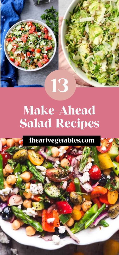 These delicious make ahead salad recipes are perfect for a picnic or a packaged lunch! No wilted lettuce or salad salads here. These crunchy, hearty salad recipes are perfect to prepare in advance! #mealprep #healthy #salads #vegetarian #simple Healthy Salads No Lettuce, Vegetarian Cold Salads, Packable Salads For Lunch, No Wilt Salads, Healthy Salads Without Lettuce, Hearty Lunch Salads, Thanksgiving Salads Ideas Simple, No Meat Salads, Food Prep Salads