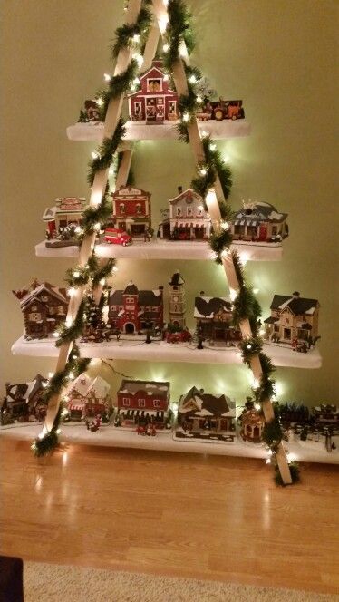 DIY snow village display ladder Display Christmas Village, Display Ladder, Christmas Ladder, Diy Christmas Village Displays, Christmas Tree Village Display, Christmas Tree Village, Diy Snow, Village Christmas, Diy Christmas Village