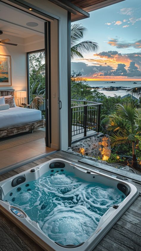 Luxurious Outdoor Jacuzzi: A tranquil luxury retreat featuring an outdoor jacuzzi with a breathtaking view of a sunset at sea. #jacuzzi #luxury #sunset #relaxation #outdoor #aiart #aiphoto #stockcake ⬇️ Download and 📝 Prompt 👉 https://ayr.app/l/pWWK House Jacuzzi, Jacuzzi Room Indoor, Jakuzi Outdoor, Jaccuzi Photo Ideas, Outdoor Jacuzzi, Jacuzzi Aesthetic, Room With Jacuzzi, Jacuzzi Outdoor Aesthetic, Jacuzzi With Tv