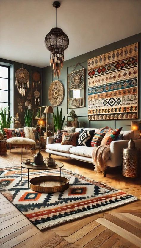 Vintage Boho House, Boho Tv Room, Boho Basement Ideas, Boho Apartment Living Room, 70s Cabin, Boho Cabin Decor, Southwestern Interior Design, Farmhouse Boho Living Room, Boho Style Living Room