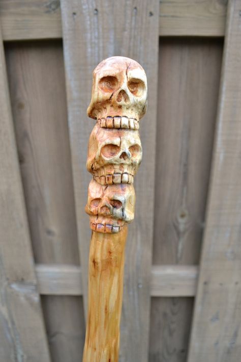 Skull Ball Knob Cane carving made out of diamond willow. Carved Skulls, Diamond Willow, Arte Viking, Handmade Walking Sticks, Wood Carving Faces, Hand Carved Walking Sticks, Simple Wood Carving, Dremel Carving, Wood Carving For Beginners