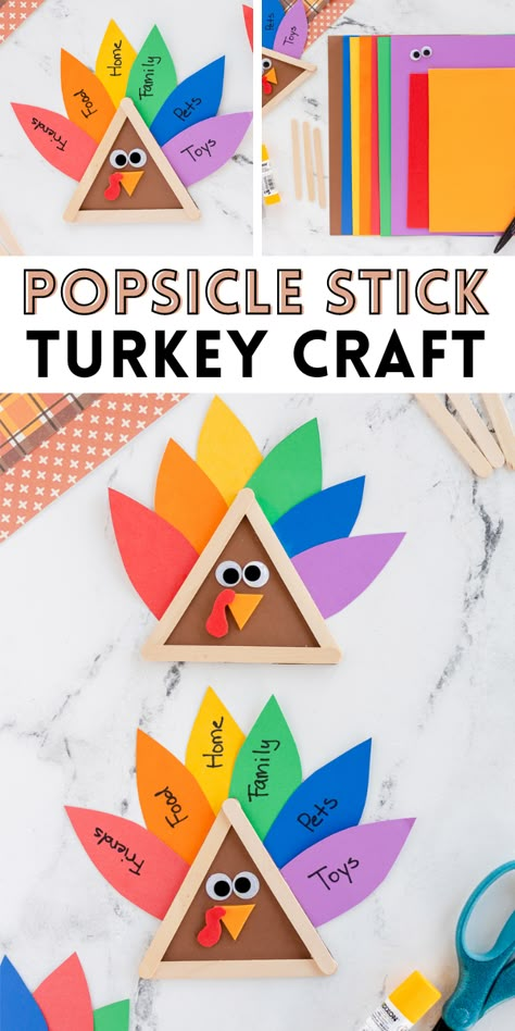 This Popsicle Stick Turkey Craft is a simple Thanksgiving craft for kids of all ages! Use bright colored paper made feathers to share what they are thankful for this season. Popsicle Stick Turkey, Thankful Crafts, Made To Be A Momma, Thanksgiving Arts And Crafts, Thanksgiving Crafts Preschool, Simple Thanksgiving, Easy Thanksgiving Crafts, Thankful Tree, November Crafts