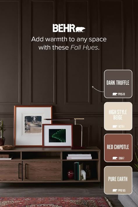 Transform your home into a warm, inviting sanctuary with these delicious fall colors. Best Brown Paint Colors Behr, Behr Wild Mustang, Paint Color With Cherry Floors, Behr Brown Paint Ideas, Behr Dark Moody Colors, Earthy Brown Paint Color, Bear Brown Paint Colors, Dark Behr Paint Colors, Brown Paint Colors Behr