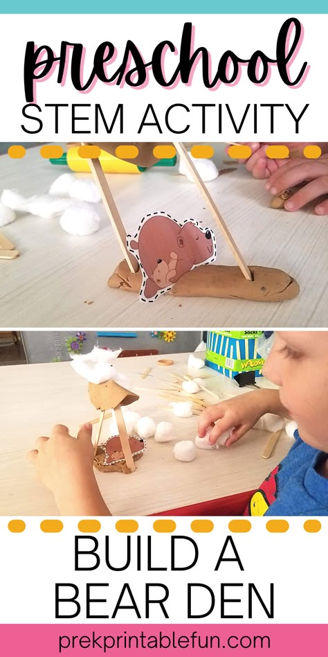 This free STEM bear den building activity is great to compliment your study of winter animals. Animals Getting Ready For Winter Preschool, Homes And Habitats Preschool Crafts, Bear Den Craft Preschool, Hibernation Stem Activity, Bear Science Preschool, Bear Math Activities Preschool, Hibernation Station Preschool Activities, Animal Study Preschool, Forest Animals Activities For Kids