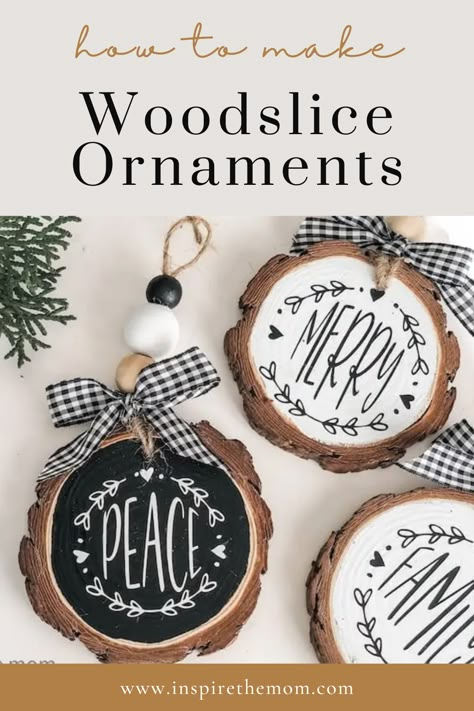 Wood Slice Christmas Ornaments Cricut, Wooden Circles Christmas Ornaments, Wooden Cookies Wood Slices, Christmas Wooden Slices Ideas, Wood Discs Crafts Christmas, Wooden Round Ornaments Wood Slices Diy, How To Make Wood Slice Ornaments, Wood Slice Family Ornament, Wood Slice Name Ornament