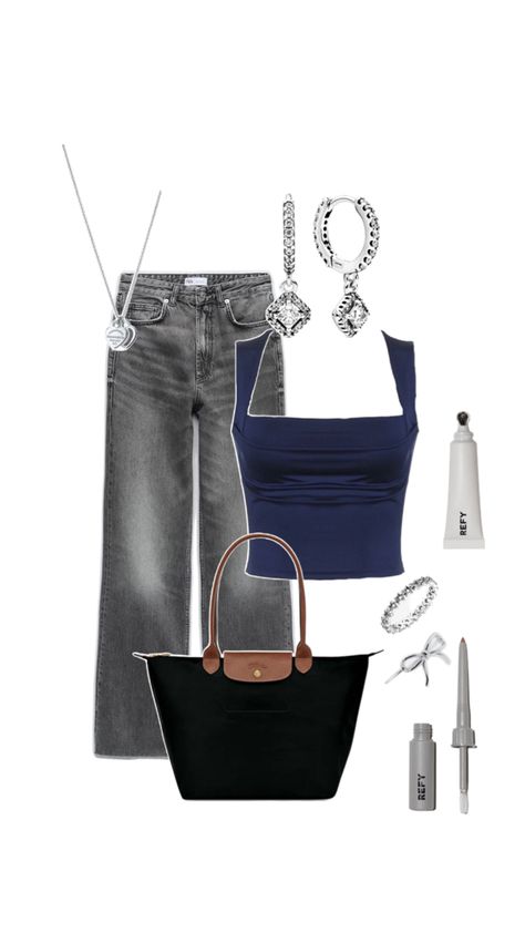 Grey jeans / navy blue top / navy / grey / silver / silver jewellery / longchamp Navy Blue And Grey Outfit, Blue And Silver Outfits, Blue And Grey Outfit, Navy Outfits, Silver Outfits, Navy Outfit, Navy Blue Top, Grey Outfit, Navy Grey