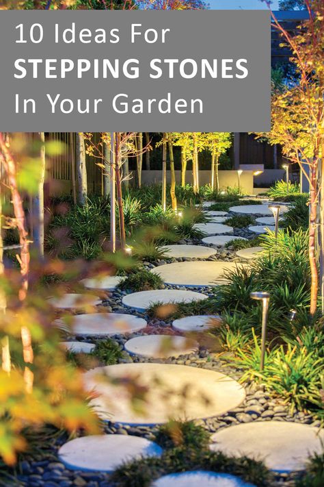 10 Landscaping Ideas For Using Stepping Stones In Your Garden Round Pavers Ideas, Landscape Stepping Stones, Small House Landscaping, Round Pavers, Mid Century Modern Landscaping, Round Stepping Stones, Stepping Stone Pathway, Decorative Stepping Stones, Stepping Stone Walkways