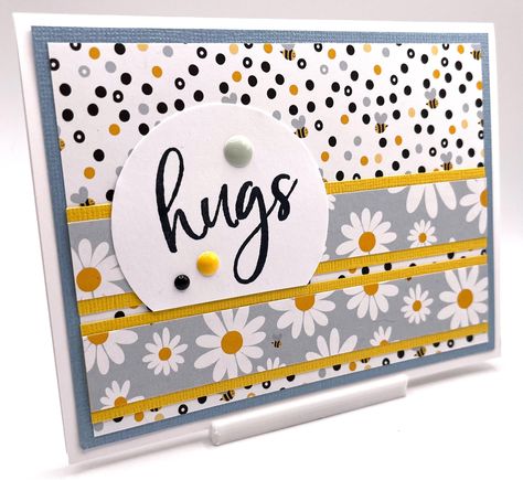 This handmade card has some bees and pretty flowers .  The greeting says Hugs and could be used for any occasion. The inside of the card is blank so you have plenty of space to add your personal message.  Card size is A2 (4.25 inch by 5.5 inch) and includes a white envelope.  Item comes from a smoke-free home.  All sale proceeds are being donated to New Song Church to help pay off the mortgage. Stampinup Thank You Cards, Bee Cards Handmade, Scrapbook Cards Ideas, Birthday Candle Card, Handmade Greeting Card Designs, Friend Cards, Simple Cards Handmade, Card Flowers, Daisy Cards