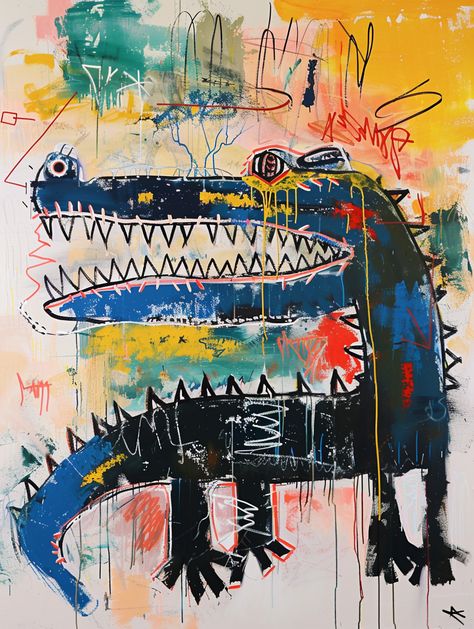 Basquiat Crocodile Painting Abstract Art Styles, Punk Painting Ideas, Jean Basquiat Art, Basquiat Wallpaper, Basquiat Inspired Art, Crocodile Painting, Basquiat Artwork, Jean-michel Basquiat Paintings, Jean Basquiat