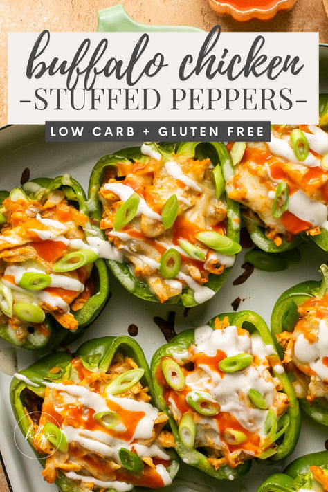 peppers stuffed with buffalo chicken and drizzled with ranch and garnished with green onions Easy Healthy Week Night Dinners, Buffalo Chicken Peppers Stuffed, Tailgate Food Healthy, Chicken Stuffed Peppers Keto, Lean Dinner Recipes, Buffalo Chicken Peppers, Weight Watchers Stuffed Peppers, Buffalo Chicken Stuffed Banana Peppers, Buffalo Chicken Stuffed Peppers Healthy