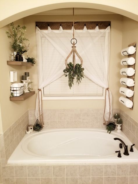 Garden Tub Decor Master Bath No Window, Behind The Tub Decor, Above Jacuzzi Tub Decor, Jacuzzi Decor Ideas Master Bath, Curtains Over Garden Tub, Decorating Around Bathtub Master Bath, Behind Bathtub Decor, Garden Tub Decor Master Bath Farmhouse, Garden Tub Wall Decor