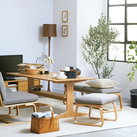 Living & Dining | Home Furniture | MUJI USA Muji Furniture, Modern Wood Chair, Housing Architecture, Japanese Houses, Muji Home, Single Seat Sofa, Dining Sofa, Coffee Table Furniture, Dining Table Sale