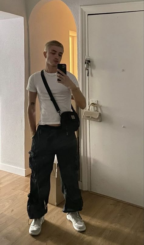 White tee, parachute pants , sneakers Black Cargo Pants Outfit, Parachute Pants Outfit, Cargo Pants Outfit Men, Women's Cargo Pants, Mens Cargo Pants, Men's Cargo Pants, Trendy Boy Outfits, Pants Outfit Men, Outfit Choices