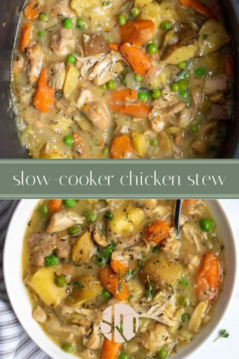 A creamy chicken stew without the cream, this hearty slow cooker chicken stew recipe is perfect for a cold day. Crock Pot Chicken Recipes Potatoes, Queen Of The Slow Cooker, Damn Delicious Crockpot Recipes, One Dish Chicken Recipes, Crock Pot Chicken Stew Slow Cooker, Slow Cooker Chicken Stock, Hearty Slow Cooker Chicken Stew, Cozy Chicken Crockpot Recipes, Crockpot Chicken With Veggies