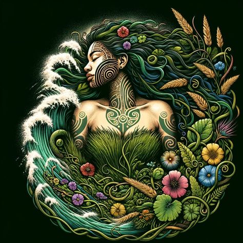 Papatūānuku: Earth Mother Illustration from Māori Mythology | AI Art Generator | Easy-Peasy.AI Maori Gods And Goddesses, Hawaii Mythology, Maori Goddess, Full Body Illustration, Goddess Taurus, Mother Earth Tattoo, Mother Illustration, Hawaiian Goddess, Mother Nature Goddess